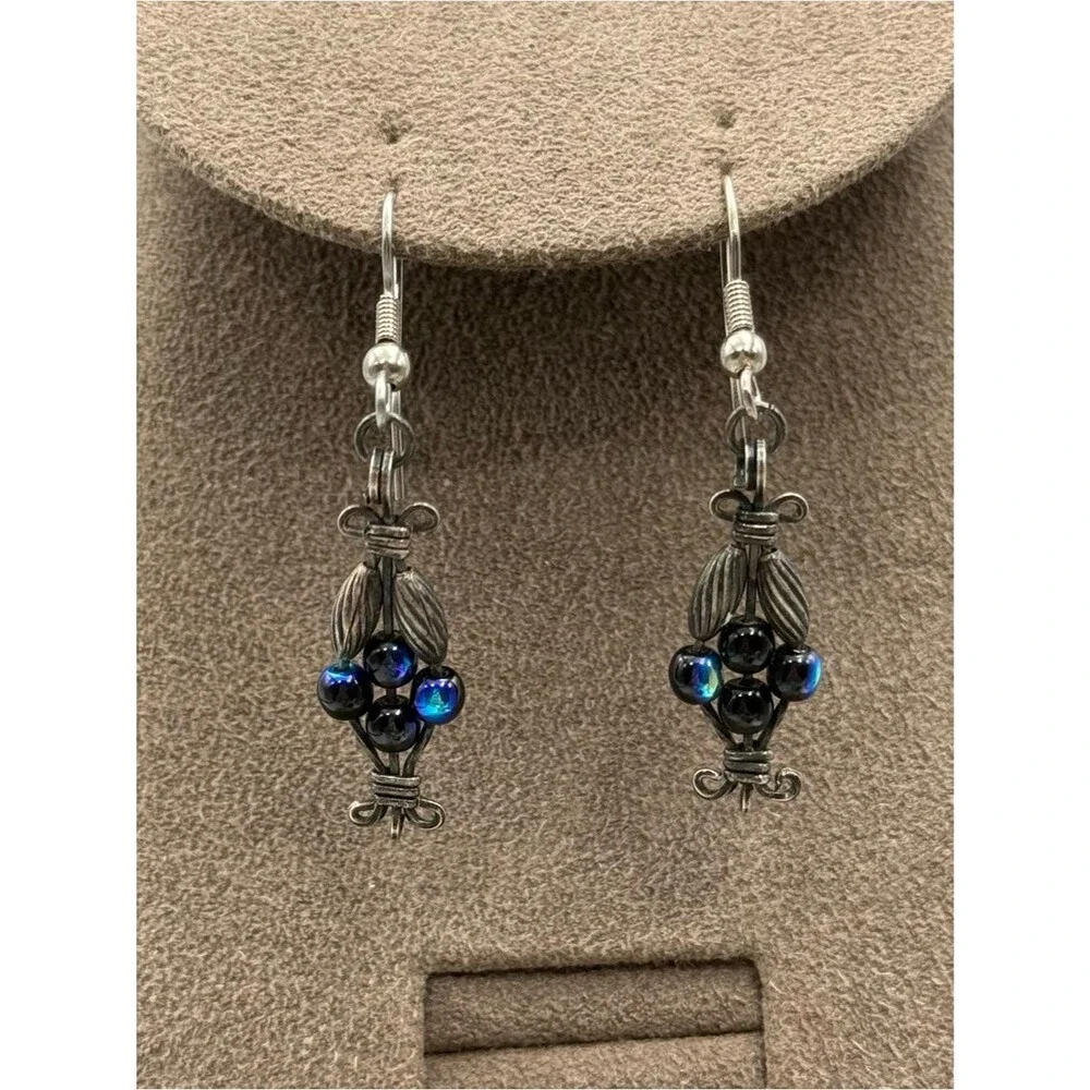 Silver-Tone Blue Iridescent Bead Drop Earrings